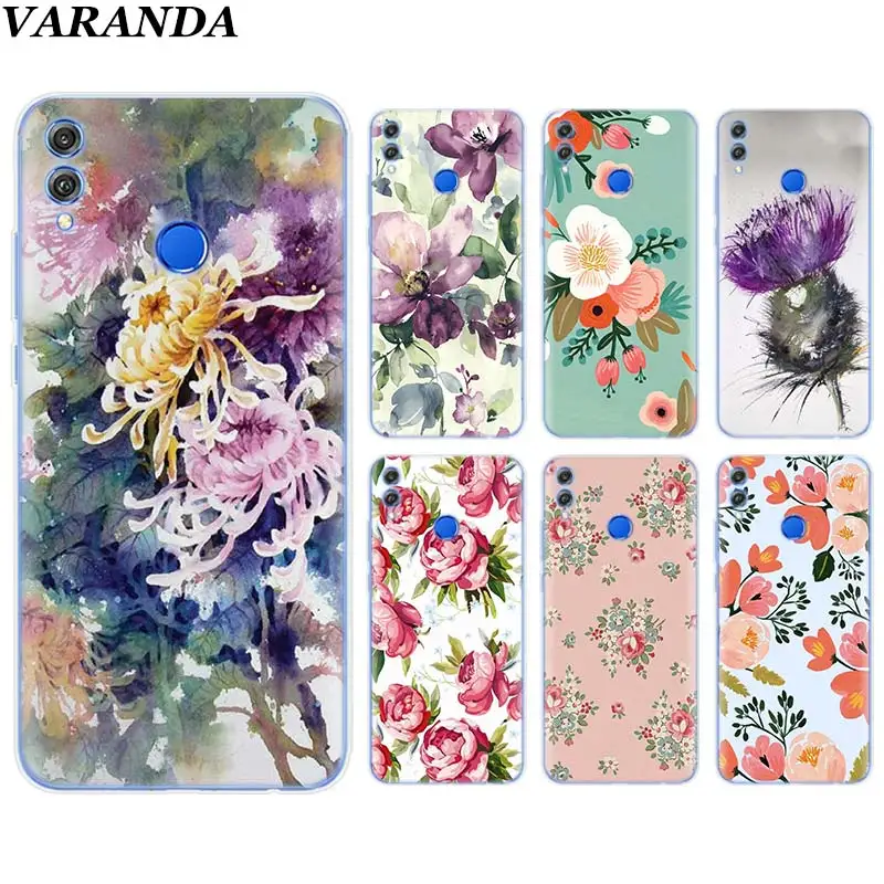 

watercolor floral rose sakura Silicone Soft Case for Huawei Honor 8X 8C 7A 7C 7S 9 10 Lite Y5 Y6 Y7 Y9 2019 Phone Case Coque
