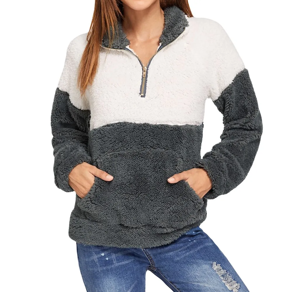 

Womens Winter Hoodies 2019 Elegant Women's Long Sleeve Fleece Sweatshirt Elegant Warm Zip Patchwork Fuzzy Hoodie Pullover mujer