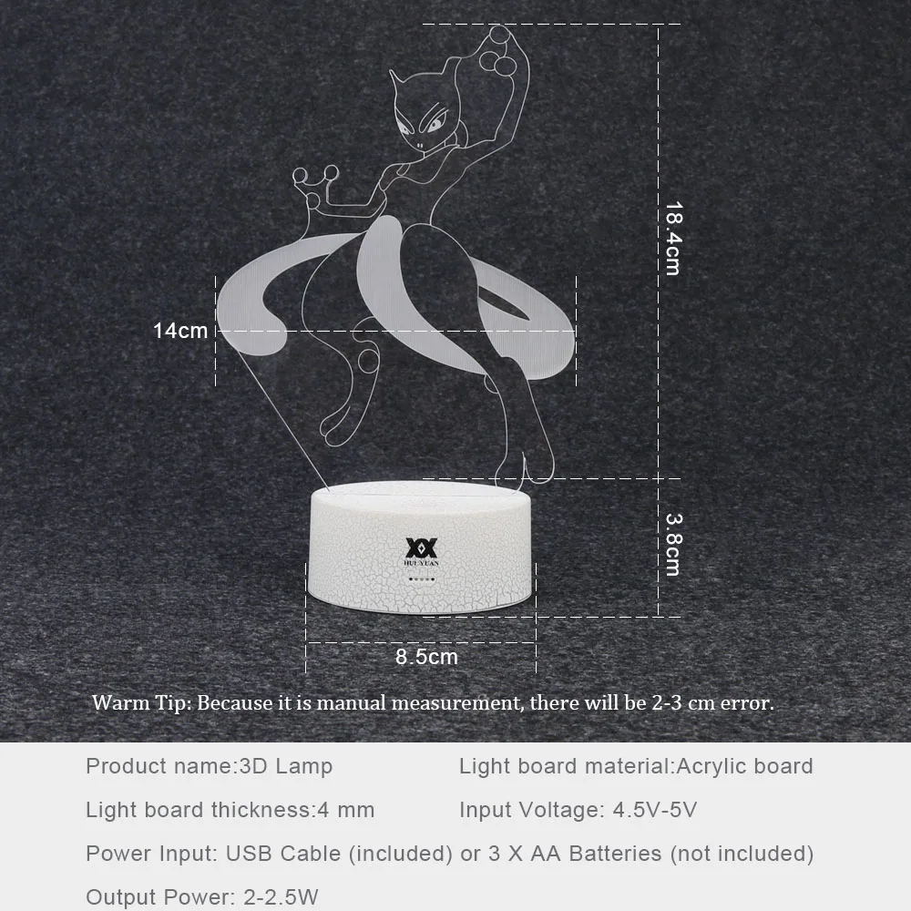 Светодиодный Многоцветный 3D светильник с Покемон Мьюту, креативные ночники, новинка USB, украшение для дома, настольная лампа, рождественский подарок