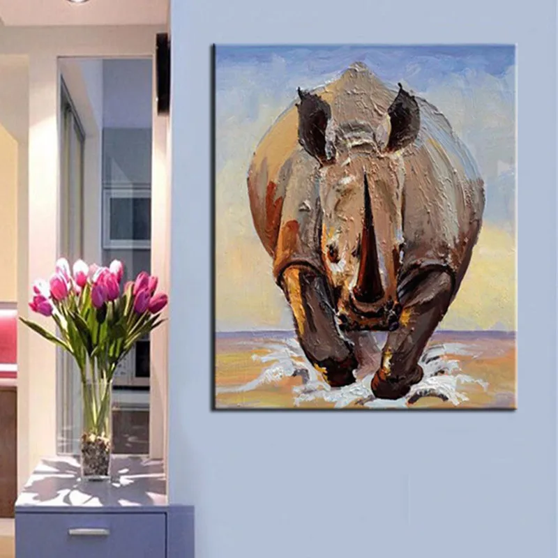 

Hand Painted Abstract Animal Oil Paintings on Canvas Modern Home Decor Wall Art Pictures Knife Funny Rhinoceros Cow Painting