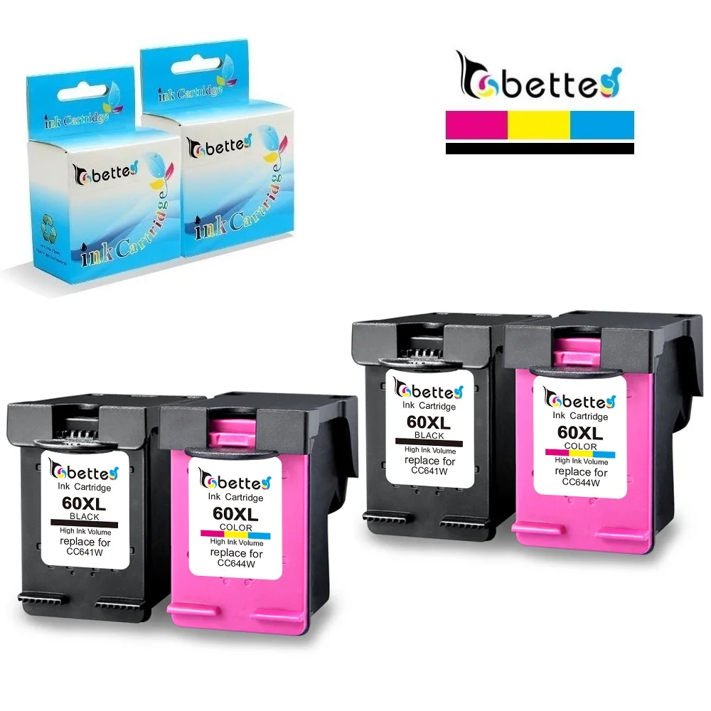 4PK, BETTE Ink Cartridge Replacement for HP 60 60XL hp60 ENVY 100 110 111 114 120 Photosmart