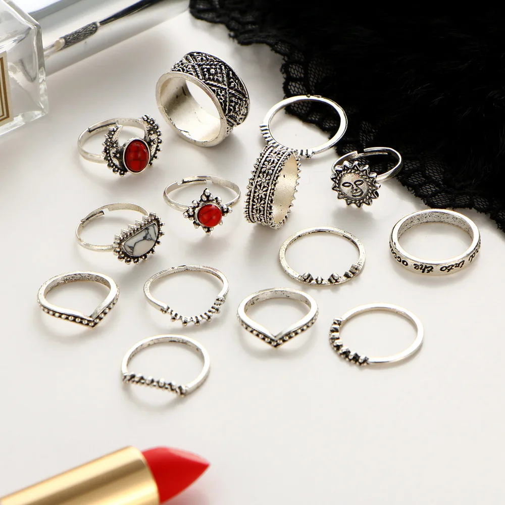 

14 pcs/lot Antique Silver Color Moon Sun Ring Sets Women Carved Flower Red Stone White Beads Midi Finger Knuckle Rings Jewelry