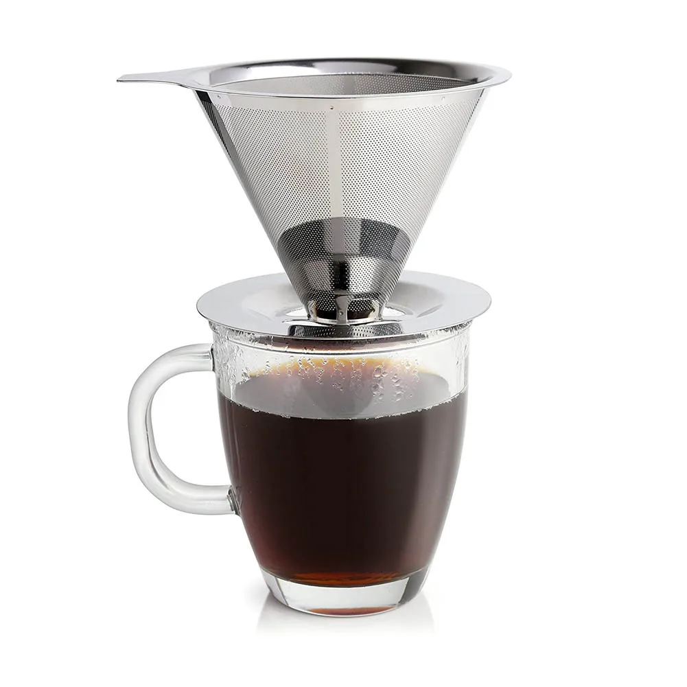 Hot Stainless Steel Pour Over Cone Coffee Dripper Mesh Filter Paperless Home Kitchen Coffee Shop Brewing Tool High Quality HY99 durable quality dual layer solid stainless steel coffee filter dripper refillable holder handle
