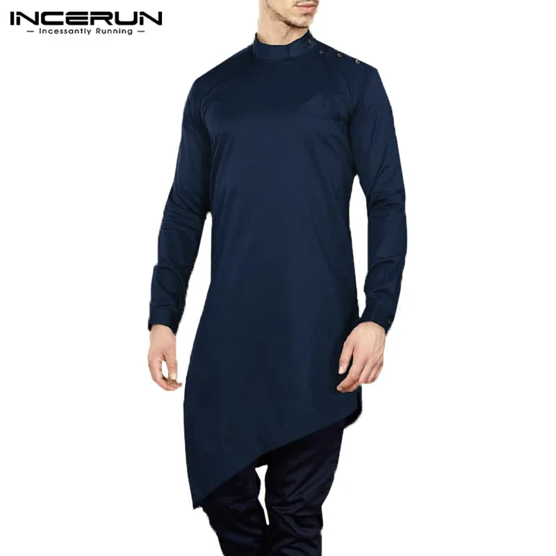 INCERUN, мужская рубашка, костюм с длинным рукавом, с неровным подолом, топы, мусульманская, Исламская одежда для мужчин, непальский стиль, одноцветные, повседневные рубашки - Цвет: Blue