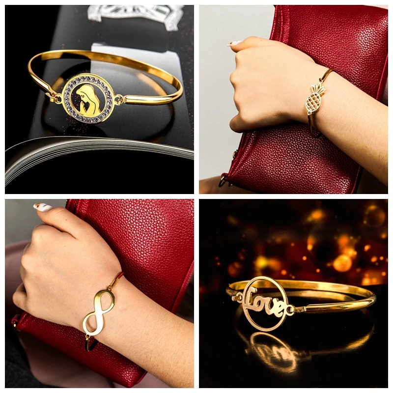 

Trendy Couple Round Crystal Charm Bracelet Bangle For Women Gold Color Engagement Fashion Bohemian Jewelry Pulseira Feminina