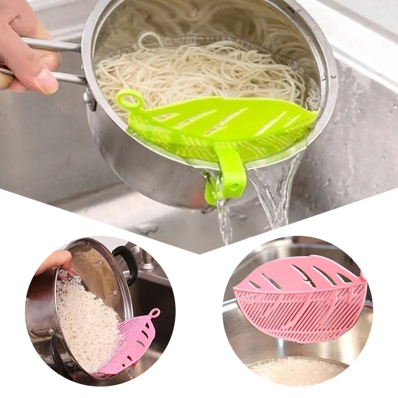 

Kitchen Tool Snap-on Leaf Shape Drain Board Retaining Rice Vegetable Noodle Plastic Filter Block Rice Cleaning Strainer Gadgets