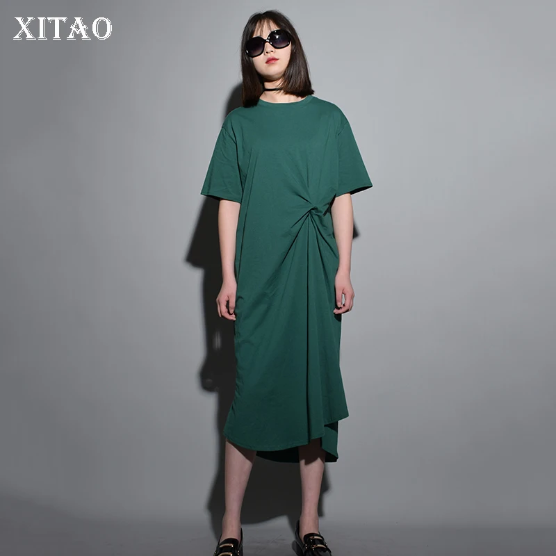 

[XITAO] Korea 2019 New Summer Women Short Sleeve Solid Color Irregular Dress Female O-Neck Mid-Calf Pullover Dress LJT1247