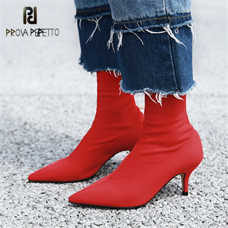 

Prova Perfetto Fashion Women Sock Boots Pointed Toe Elastic Red High Boots 7CM High Heels Ankle Boots Women Pumps Botas Mujer