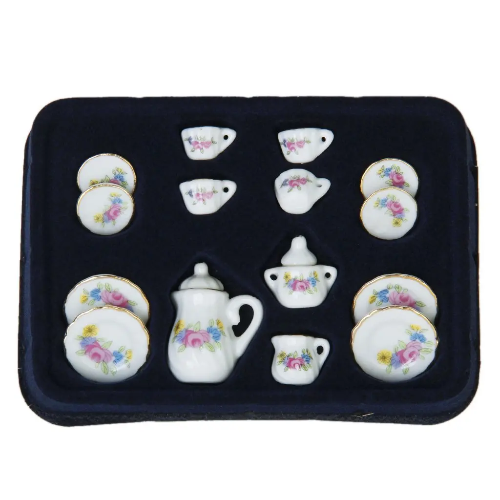 

New 15 Piece Miniature Dollhouse Dinnerware Porcelain Tea Set Tableware Mug Plate with Floral Pattern