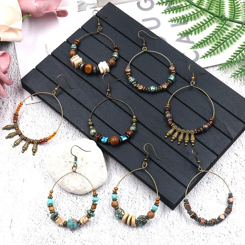 

DIY Bohemian Ethnic Round Loop Earring Hanging Women's Dangle Earrings Handmade Natural Stone Wood Beads Earings Fashion Jewelry