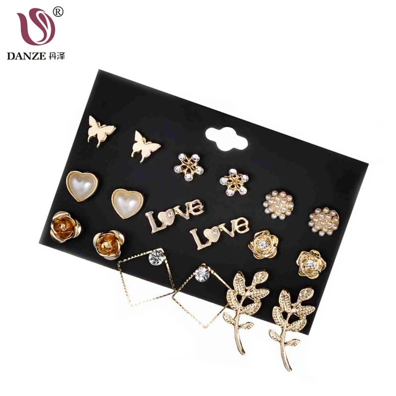 

DANZE Punk Mixed Shape Butterfly Heart Flower Leaves Geometric Stud Earrings Set For Women Brincos 9 Pairs/lot Bulk Price