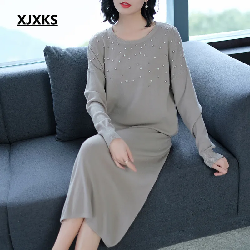 

XJXKS New Arrival Fashion Brand Design Beading Women's O-neck Tops And Mid-Calf Skirt Soft Knitting Women Two Pieces Sets