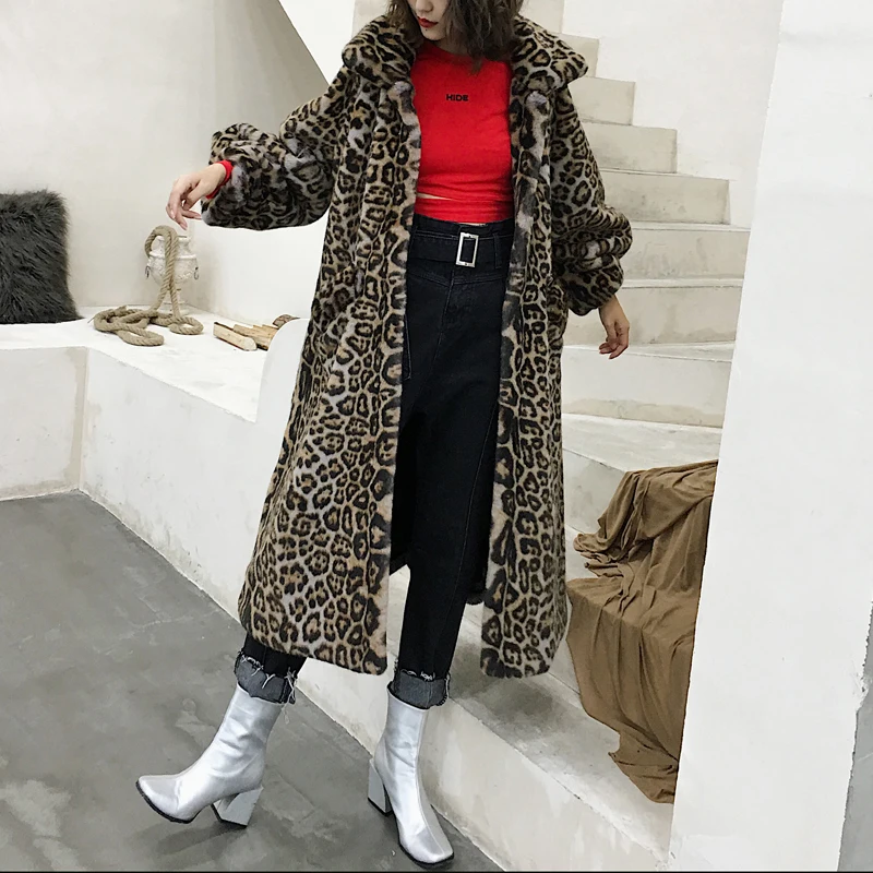 Chic X Long Leopard Faux Fur Coat Jacket Winter Fashion New Pocket Outerwear Thick Warm Cozy Faux Mink Fur Overcoat Female