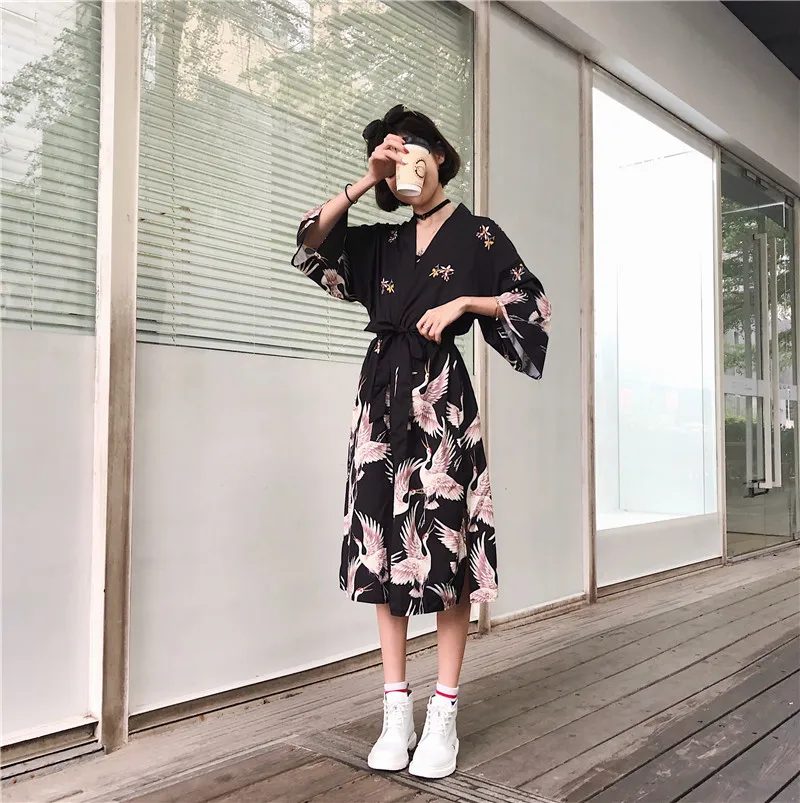 Woherb Лето Длинное кимоно для женщин 2019 японский стиль блузка с принтом журавль птица Дамская винтажная рубашка кардиган Blusas Femininas 20862