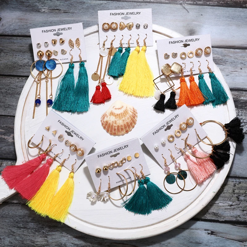 

Hot Sale 6 Pairs/Sets 2019 Vintage Gold Color Long Tassel Simulated Pearl Crystal Drop Earrings Set For Women Brincos Jewelry