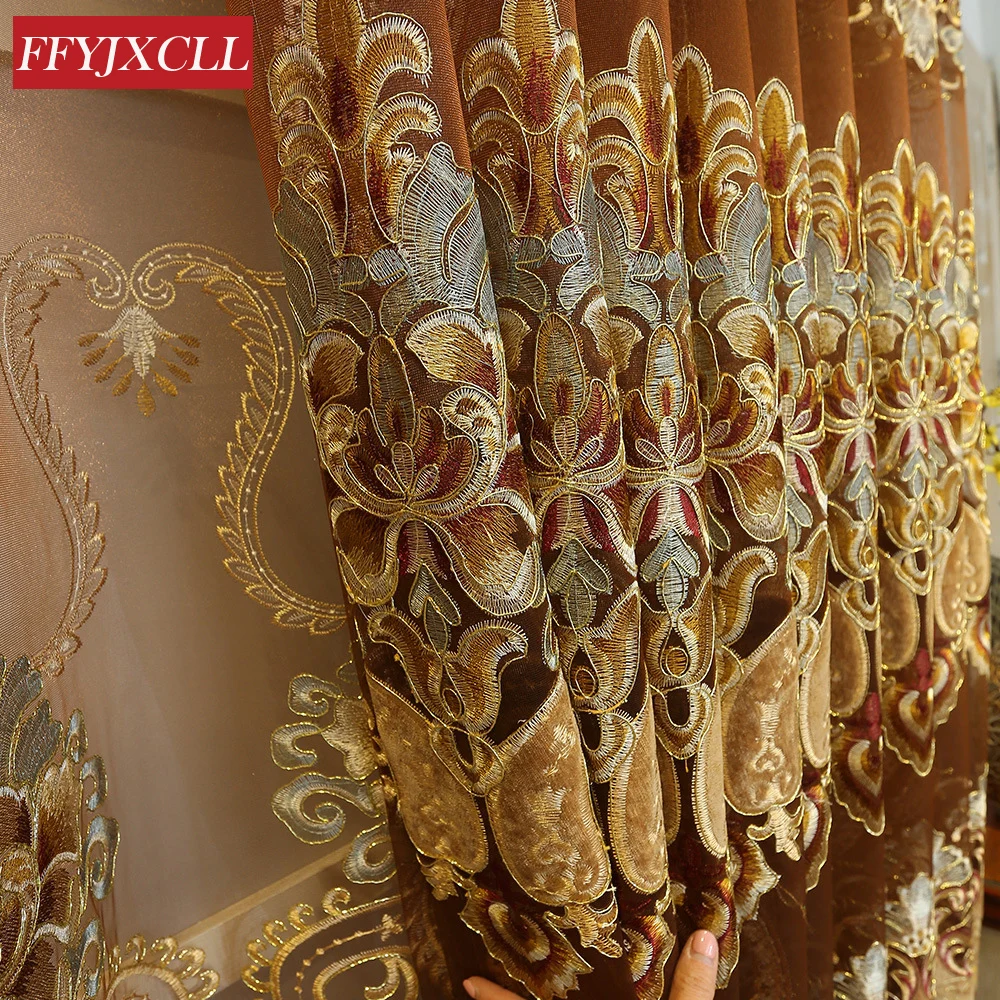 

Brown Chenille Cloth Embroidered Tulle Window Curtains For living Room Bedroom Luxury Valance Curtains Window Treatment Drapes