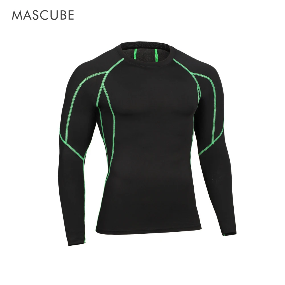 MASCUBE компрессионная Футболка мужская брендовая Высококачественная футболка с длинными рукавами мужские быстросохнущие дышащие эластичные колготки мышцы футболки - Цвет: Green line