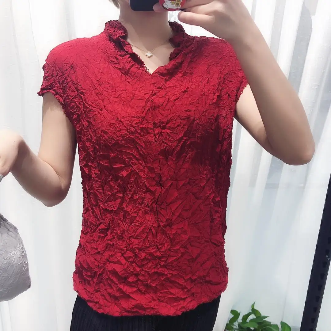 Miyake Fold Series маленький v-образный воротник ручной работы СЛОЖЕННЫЙ Топ Тонкий пуловер Футболка для женщин
