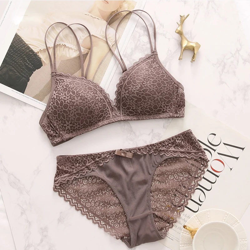 

Sexy Triangle Cup Wireless Lace Bra Sets Women Push Up Embroidery Bralette Crop Top and Pants Breathable Underwear Lingerie Set