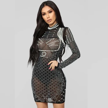 

2019 New Sexy Black Beading Mesh Hollow Out Fashion Women Dress Long Sleeve Diamonds Celebrity Party Night Clubwear Vestidos