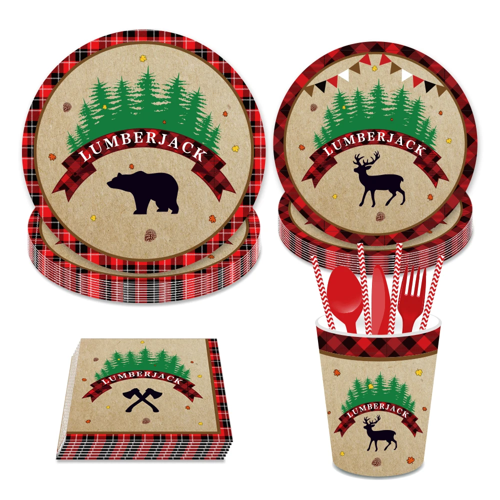 Omilut Lumberjack Birthday Party Disposable Tableware Set Lumberjack Bear Disposable Plates/Cups/Napkins Lumberjack Supplies