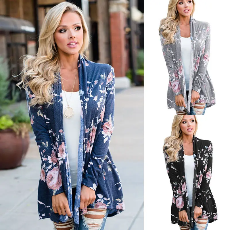 

2018 Sweet Casual Outwear Women Long Sleeve Open Stitch Floral Print Slim Knitted Cardigan Loose Sweater Jacket Coat Sweater