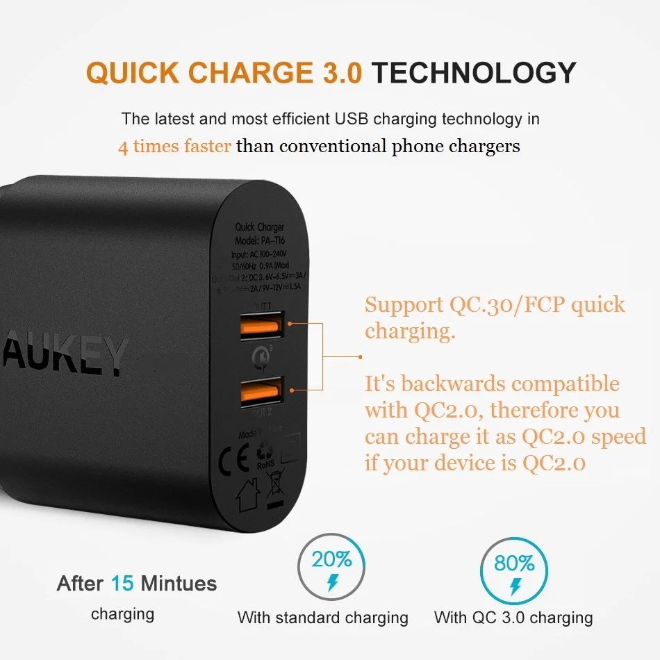 AUKEY USB Зарядное устройство Quick Charge 3 0 QC 39 Вт быстро стены мобильный телефон для Xiaomi