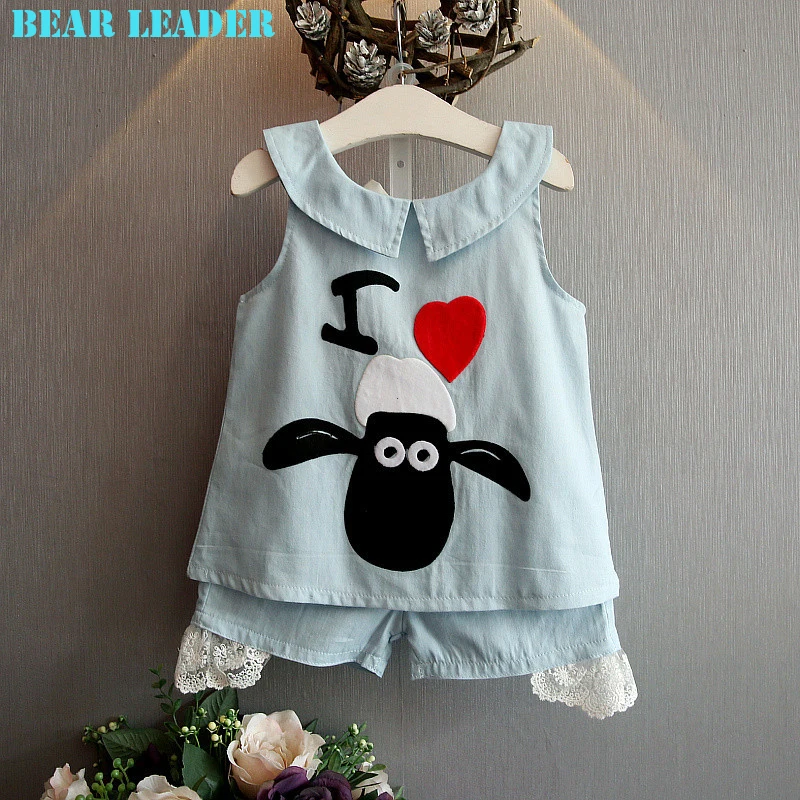 

Bear Leader Girls Clothing Sets 2016 Brand Summer Style Kids Clothing Sets Cowboy Turn-down Collar lamb T-shirt+Pants 2pcs Suit