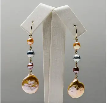 

5-14mm Multicolor Real Akoya Pearl Keshi Pearl Long Drop Earrings 9k Yellow Gold
