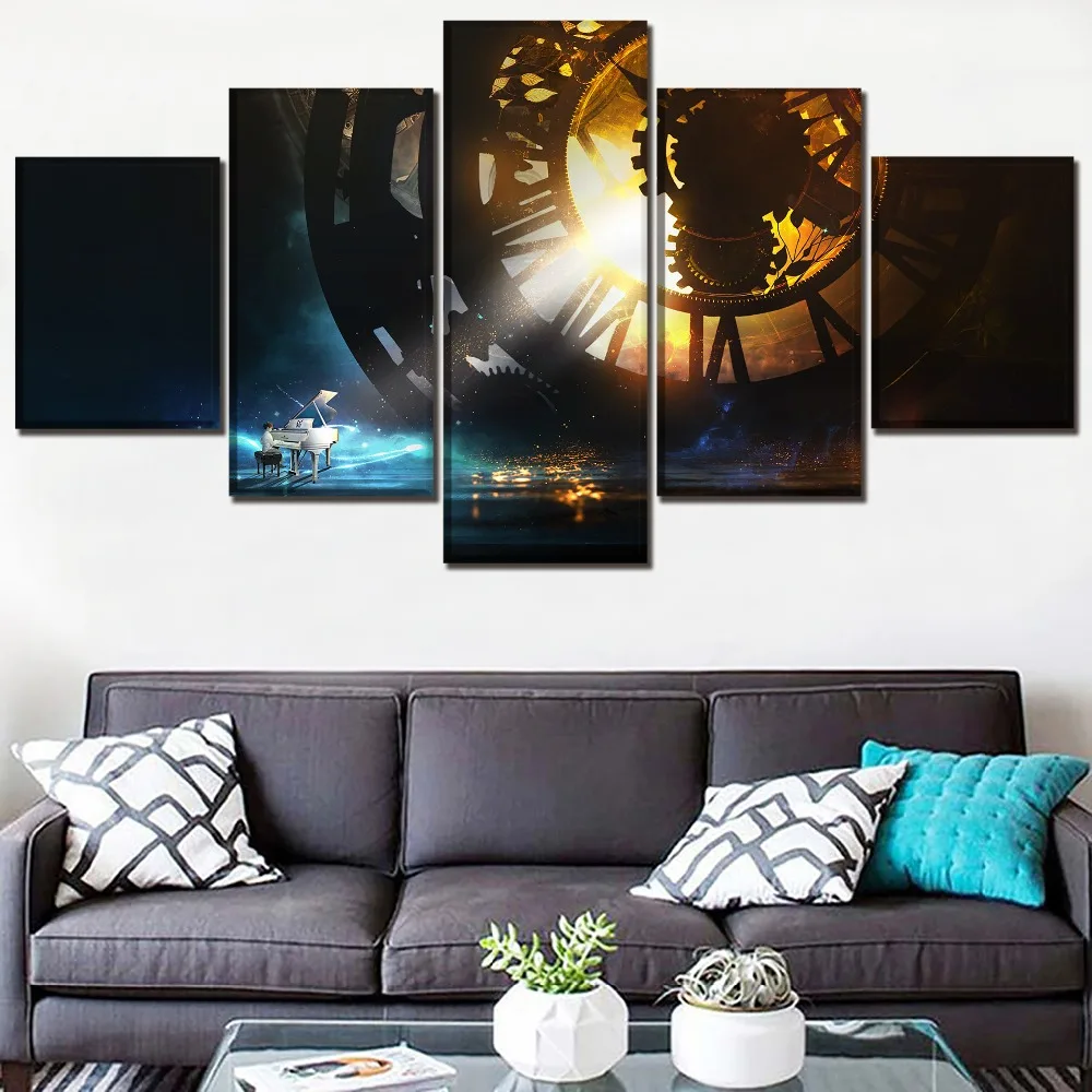 

Canvas Painting 5 Panel Kid Play the Piano And Steampunk Clock Picture Modern Wall Art Home Decor Unique Printing Type Poster