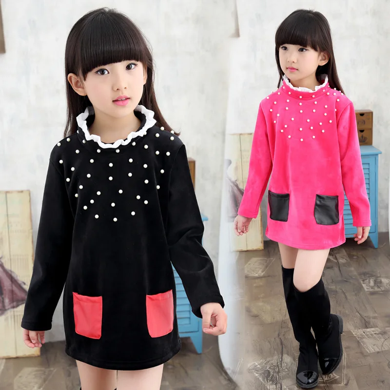 2015 Winter Flower O Neck Velour Girls Long Sleeve T Shirts Color Contrast Girls font b