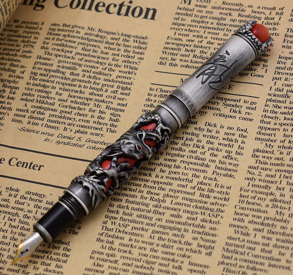 New Jinhao Dragon King Vintage Fountain Pen, Unique Metal Embossing Hi-tech, Gray & Red Color Business Office Home Supplies new jinhao dragon king vintage fountain pen unique metal embossing hi tech gray color