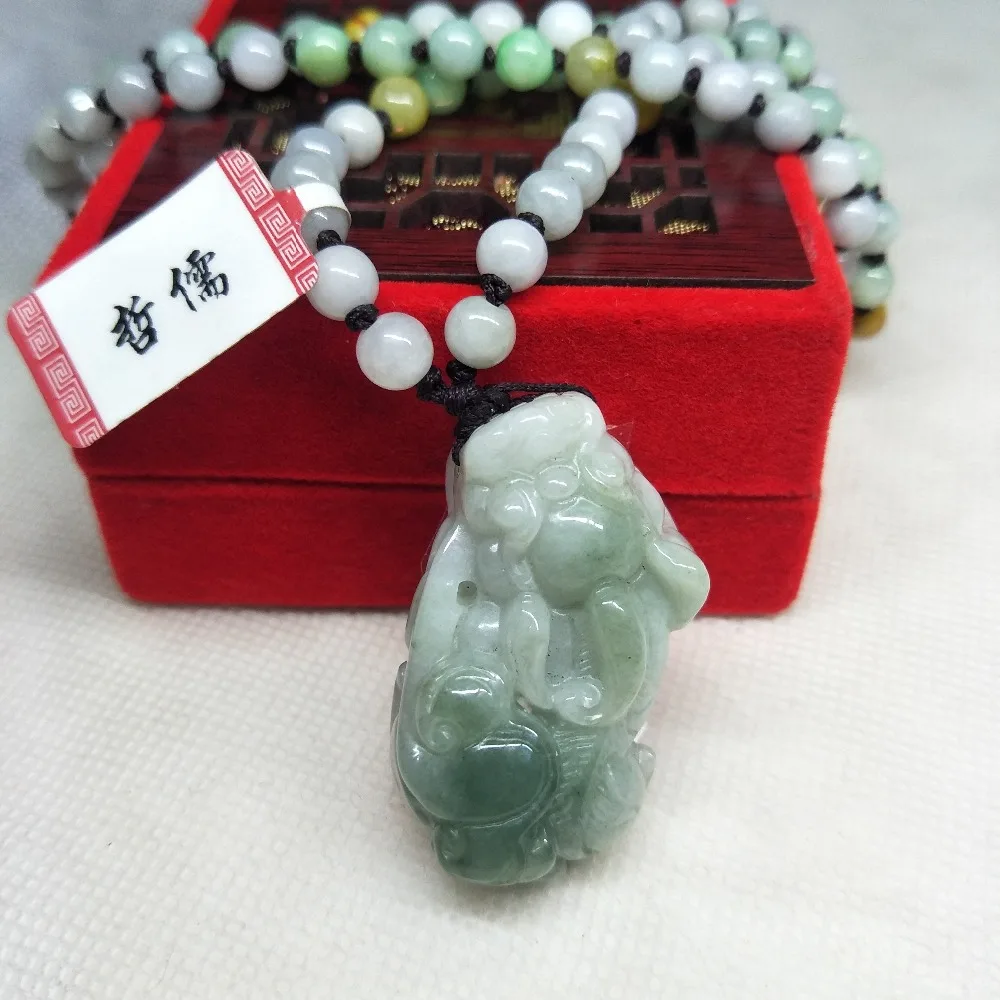 

Zhe Ru Jewelry Pure Natural Jadeite Light Green Ruyi God Beast Pixou Pendant Tricolor Jade Bead Necklace Send A Certificate