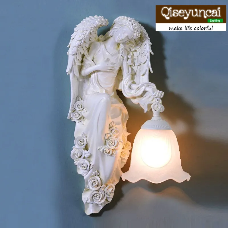 

Qiseyuncai 2018 new European retro angel wall lamp interior Resin wall lamp bedroom bedside aisle LED wall lamp