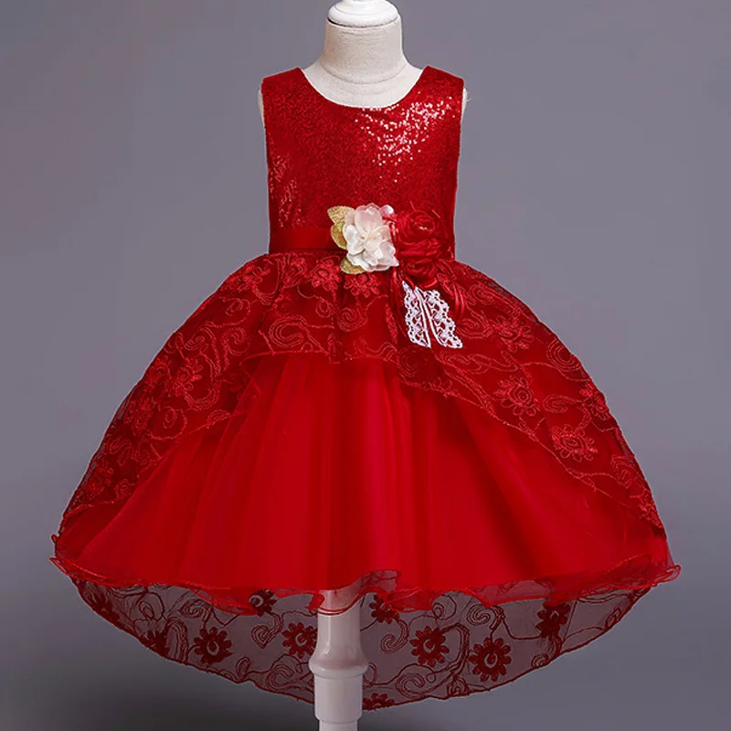 Детские платья для девочек, платье принцессы с блестками г. Летнее Детское платье для дня рождения свадебное платье с цветочным рисунком для девочек 8, 10, 12 лет - Цвет: Red