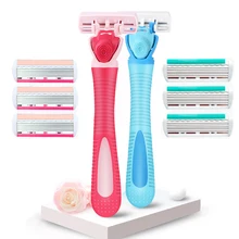 Ручная бритва для женщин, бритвенное лезвие, безопасная бритва для волос, Женская бритвенная головка, 3 слоя лезвия, смазывающая полоска, 1 ручка, 4 лезвия для бритвы