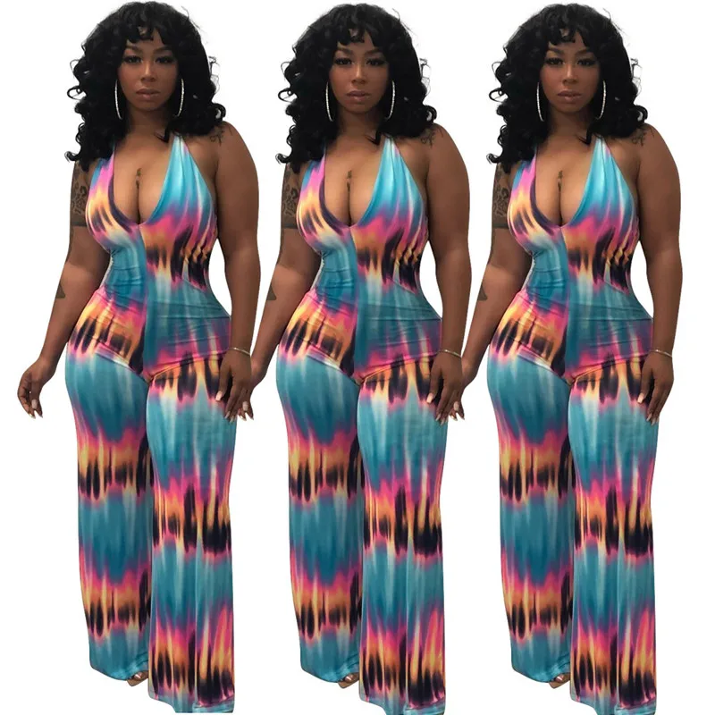 

Summer Fashion Women's Jumpsuits Sexy Bag Hips Deep V-neck Halter Neck Backless Print Multicolor Straight Loose Jumpsuit