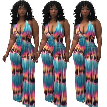 

Summer Fashion Women's Jumpsuits Sexy Bag Hips Deep V-neck Halter Neck Backless Print Multicolor Straight Loose Jumpsuit
