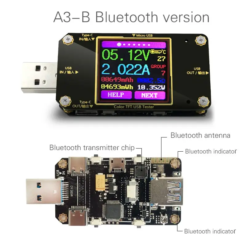 A3 USB тестер цветной Bluetooth тип-c Цифровой вольтметр dc Напряжение измеритель тока Амперметр детектор power bank индикатор зарядного устройства