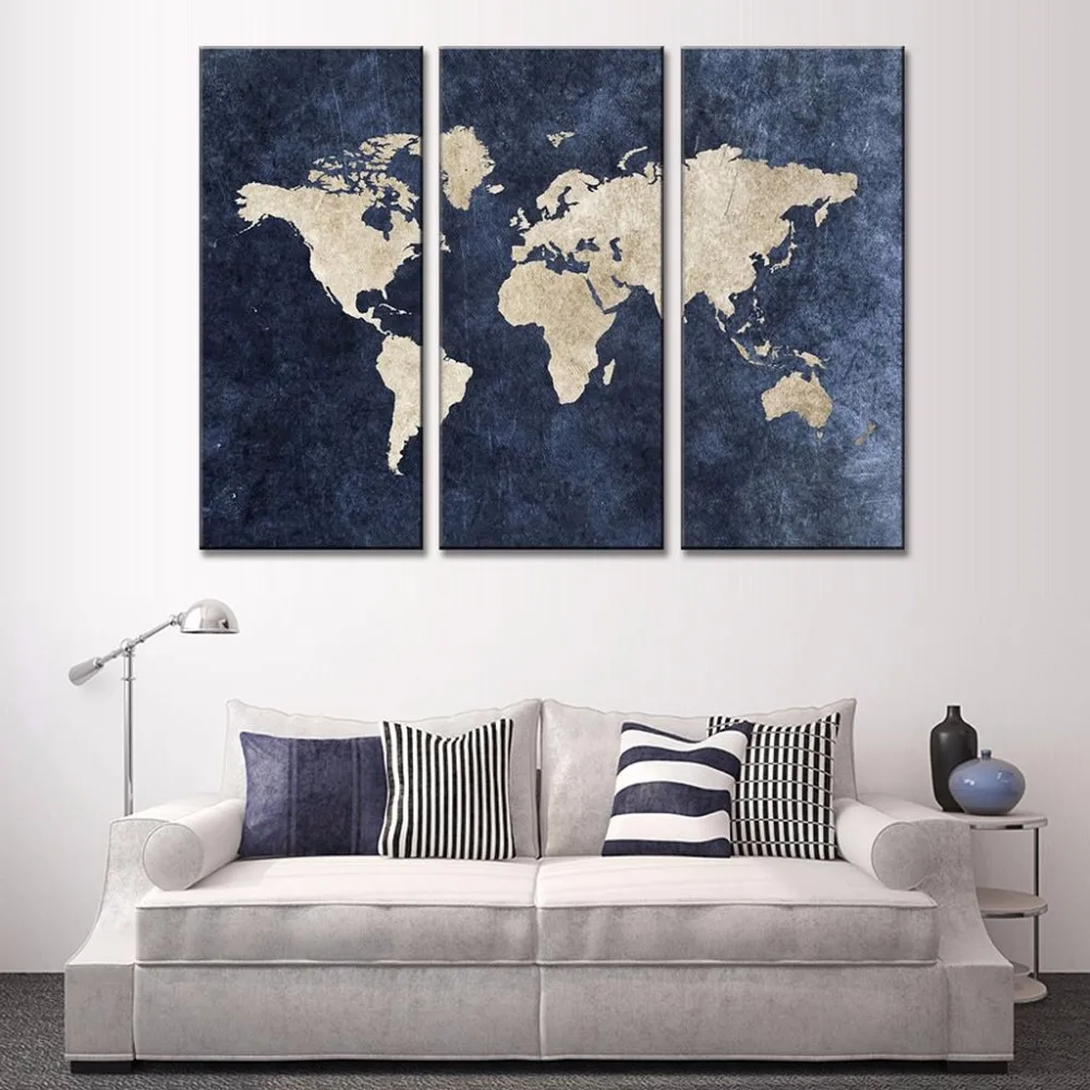 HD печать 3 панели абстрактная темно-синяя карта мира напечатанная Картина на холсте картина маслом на холсте домашний декор Настенная картина PT1646