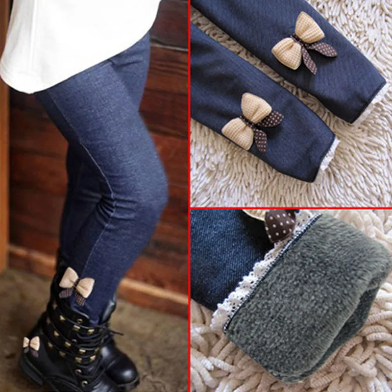 

2019 thick warm winter spring Jean pants Bow Girls Leggings Kids trousers children icing leggings