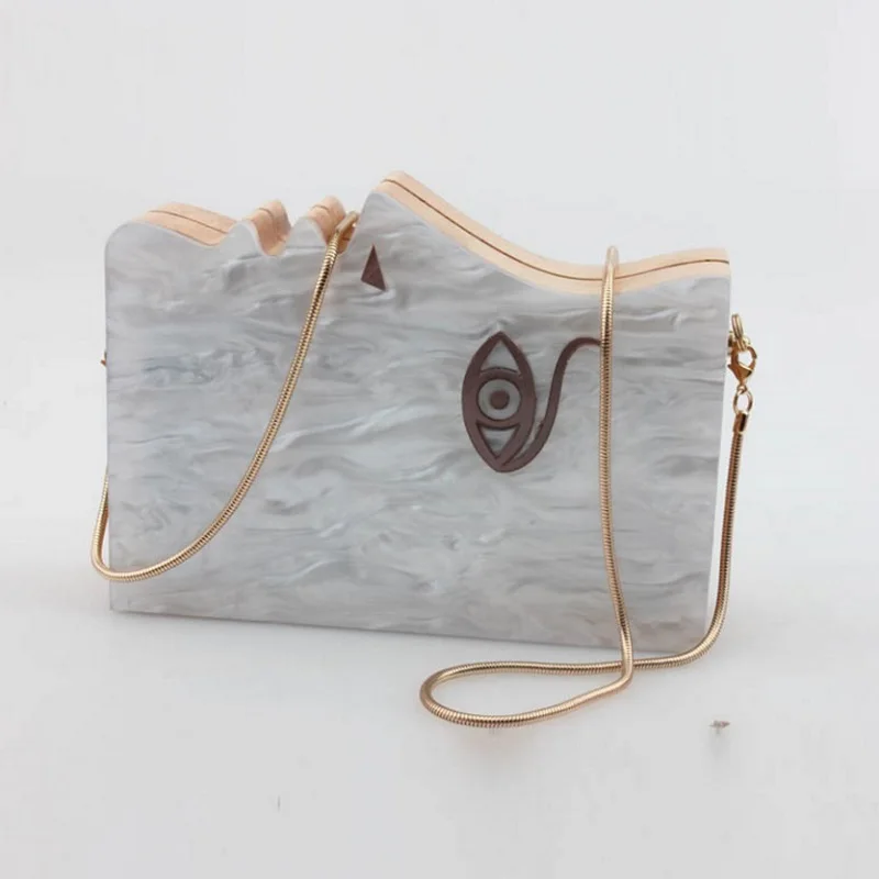 

2019 Wood Personality Splicing White Acrylic Retro Unique Half Face Hard Box Evening Bag Ridesmaid Handbag Luxury Clutch Purses