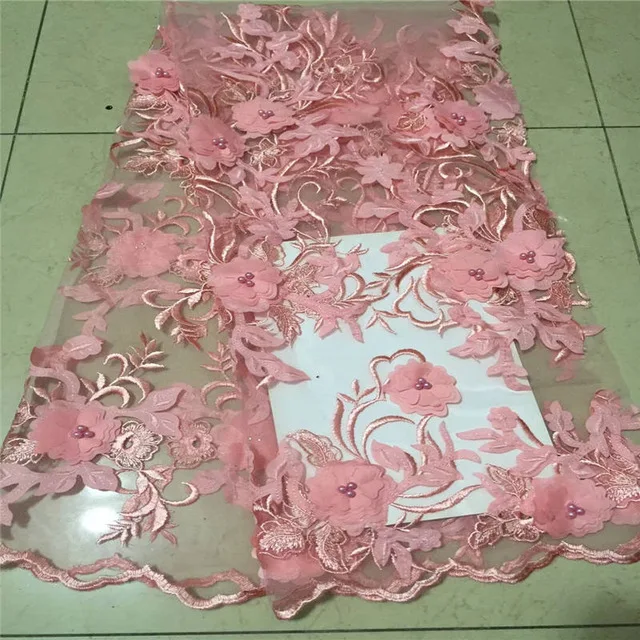 

Pink2018 New Style French Net Lace Fabric 3D Flower African Tulle Mesh lace fabric High Quality African Lace Fabric