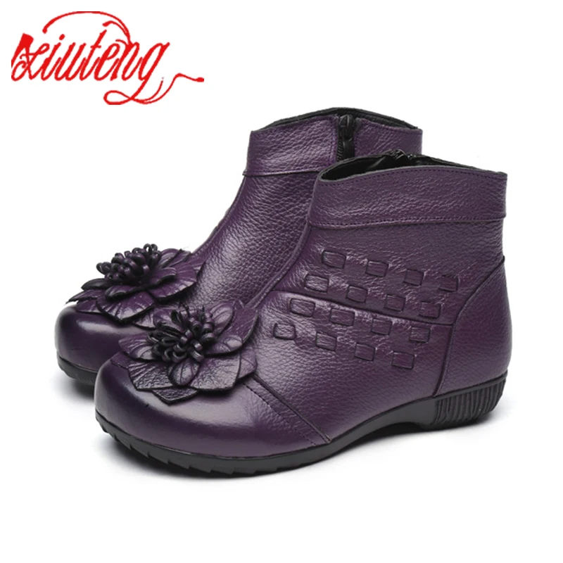 

Xiuteng Big Flower Women Boots Cow Suede Round Toes Ankle Boots Flat Heels Handmade Warm plush Shoes Vintage Boots For Winter