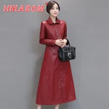 Осеннее большое Женское пальто из искусственной кожи, китайское модное однобортное длинное женское пальто из овчины с карманами, кожаная женская куртка