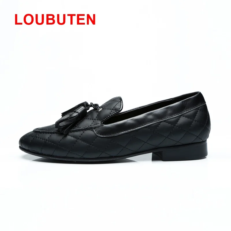 LOUBUTEN Luxury Black Leather Loafers Fashion Round Toe Slip-on Man Shoes Noble Plaid Tassel Men Dress Shoes Casual Flats