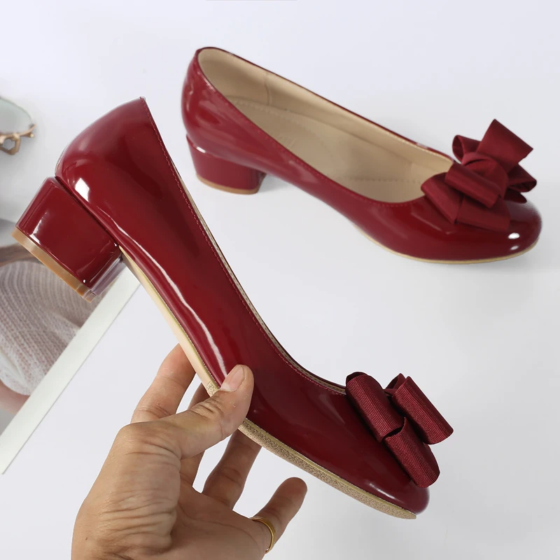 

Wine red Wedding Shoes Female Thick with Single Shoes Round Head Shallow Mouth Butterfly Knot Women's Shoes Size Code 33--41
