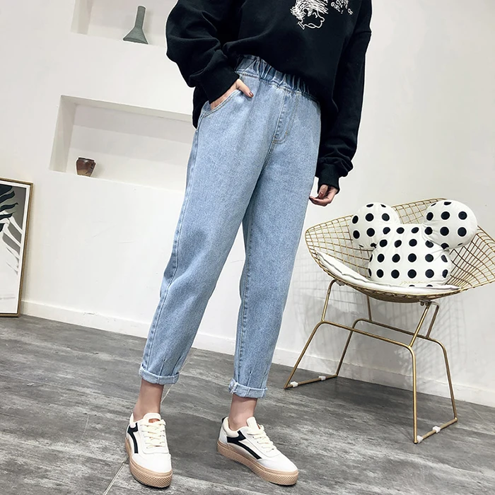 2019 новый весенне-летний свободный крой женские джинсы с высокой талией с эластичной талией шаровары женские джинсы