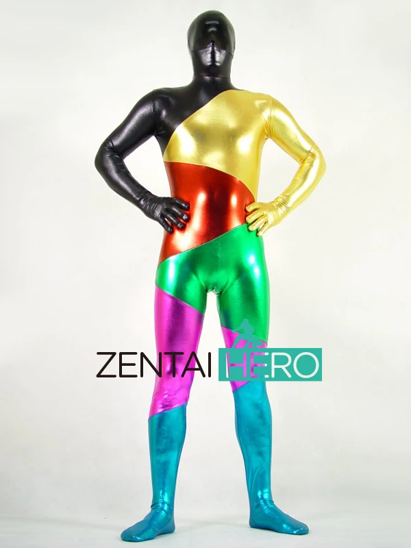 

Free Shipping DHL New Strong Rainbow Multicolor Full Bodysuit Shiny Metallic Zentai Suit Halloween Costume PS034