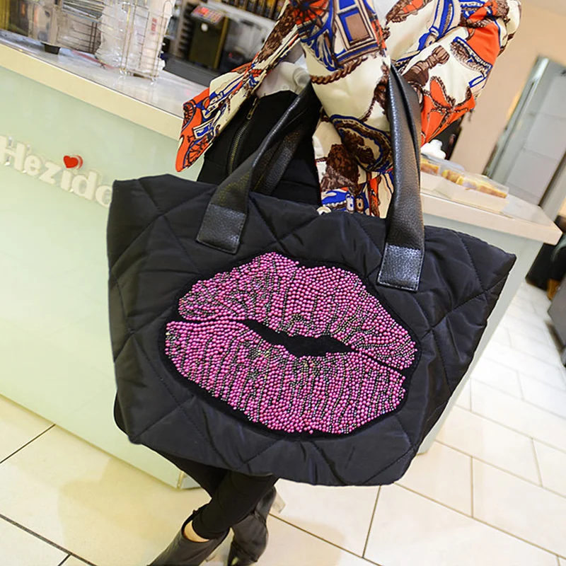 

Lips down bag 2019 new big bag space cotton bags winter Korean version of the shoulder bag cotton clothes handbags